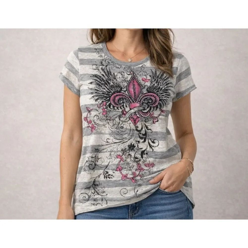 Y2K Graphic Fleur De Lis Rhinestone Tee XL Gray Striped Pink Gothic Scroll Top E